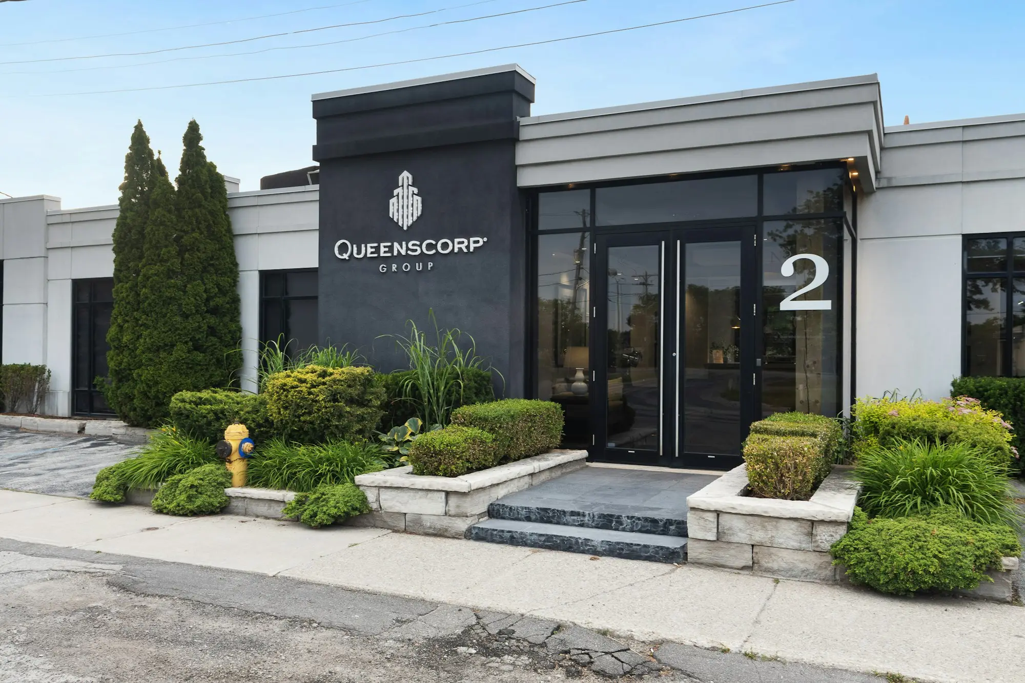 Commercial building with a business sign across the front